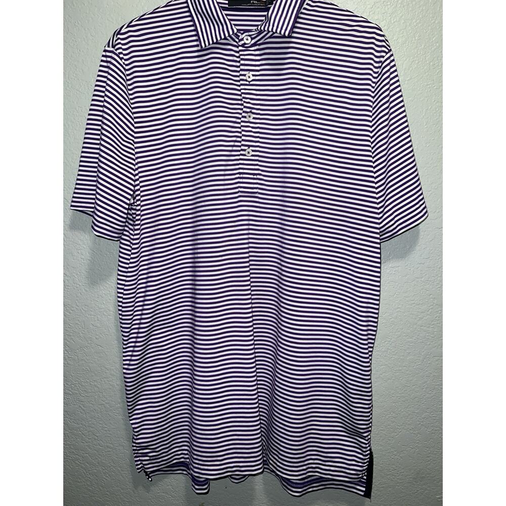 RLX Ralph Lauren Polo Shirt Mens L Purple White Striped Performance Golf Stretch